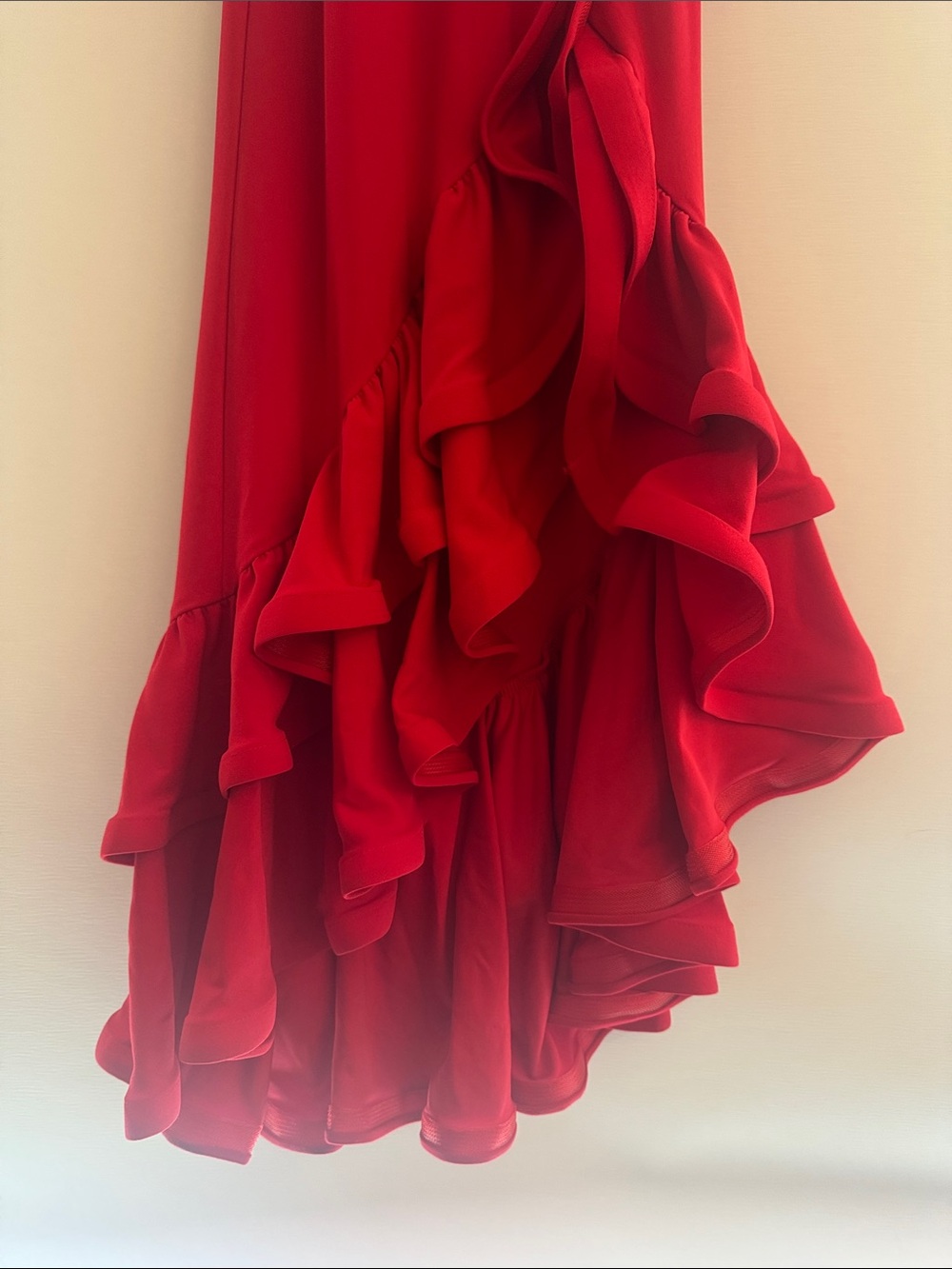Betsey & Adam Long Red Ruffle Halter Gown - Picture 3 of 8